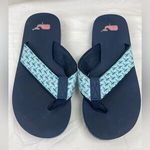 Vineyard Vine Navy Flip Flops with Blue Sailboats Pattern